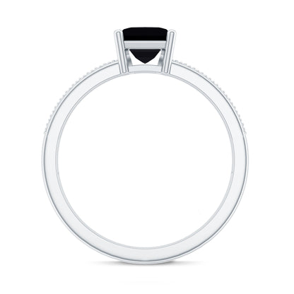 Princess Cut Black Spinel Engagement Ring with Diamond Side Stones