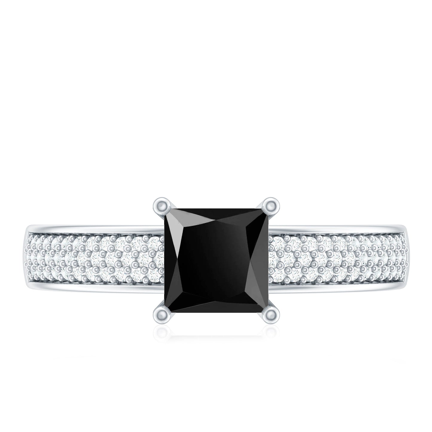 Princess Cut Black Spinel Engagement Ring with Diamond Side Stones