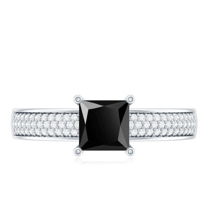 Princess Cut Black Spinel Engagement Ring with Diamond Side Stones