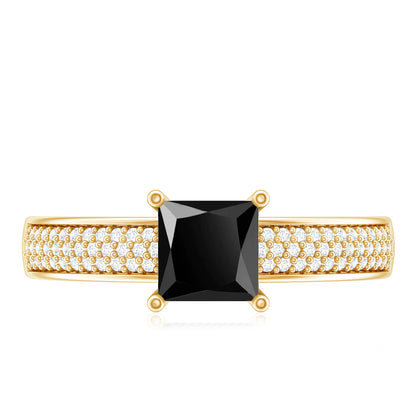 Princess Cut Black Spinel Engagement Ring with Diamond Side Stones
