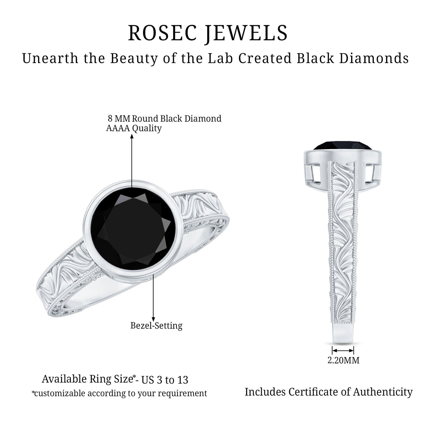 Vintage Style 2 Carat Lab Grown Black Diamond Bezel Set Engagement Ring