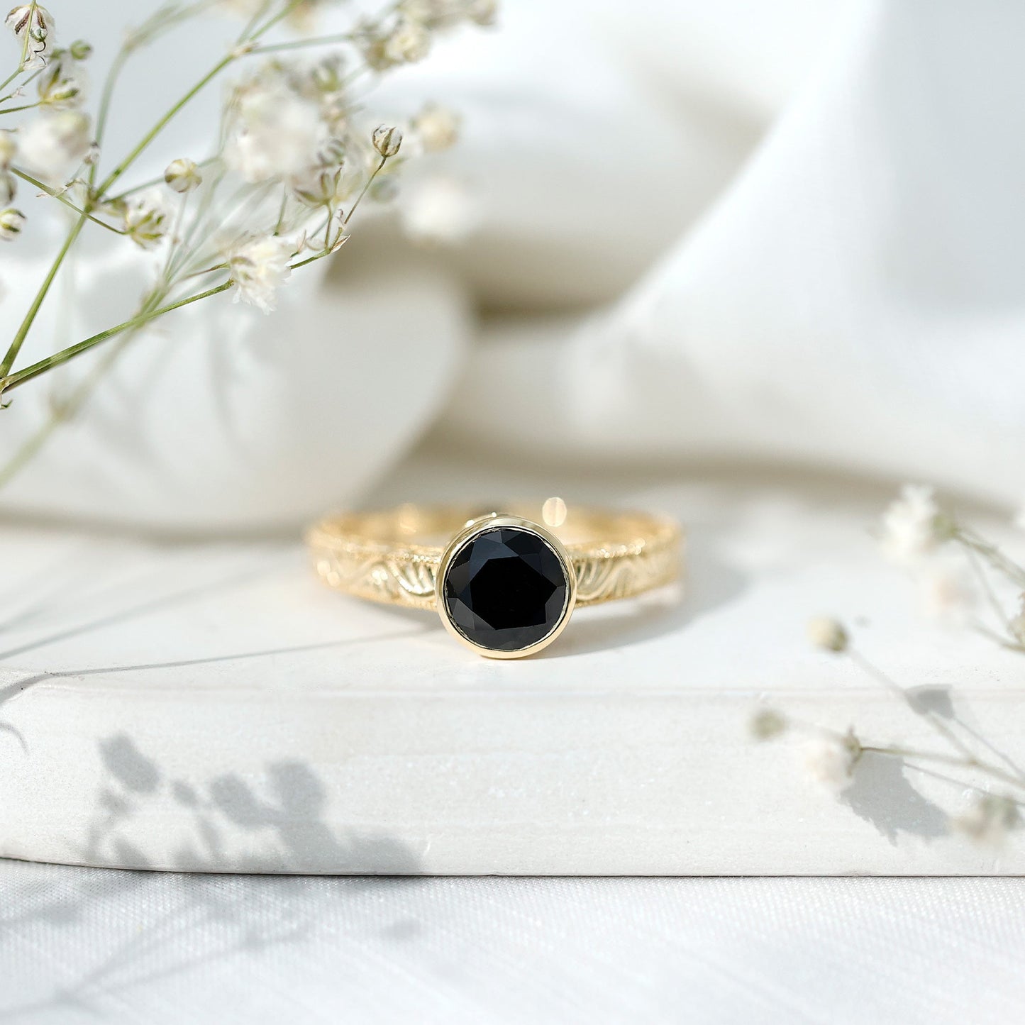 Vintage Style 2 Carat Lab Grown Black Diamond Bezel Set Engagement Ring
