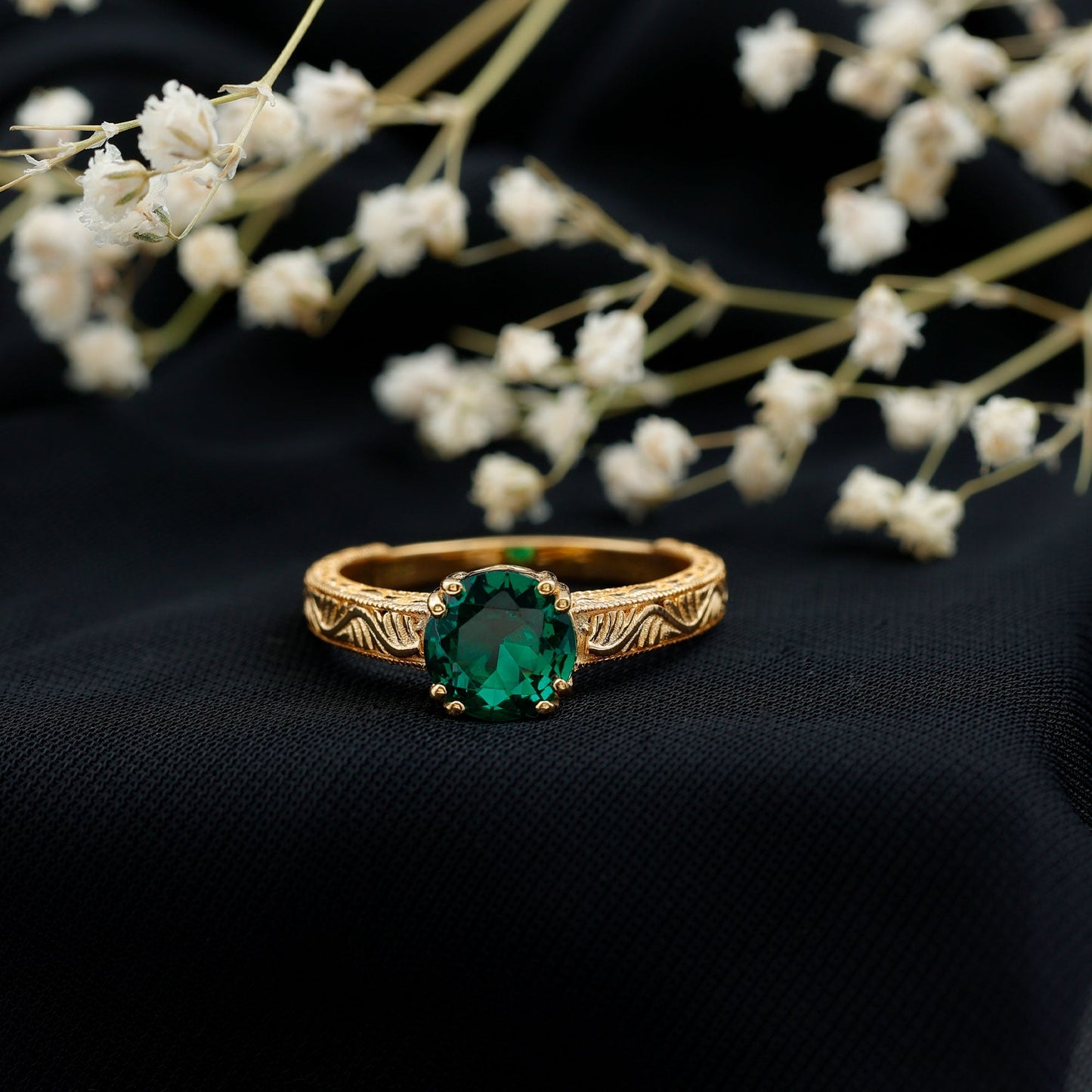 Lab Emerald Solitaire Vintage Engagement Ring