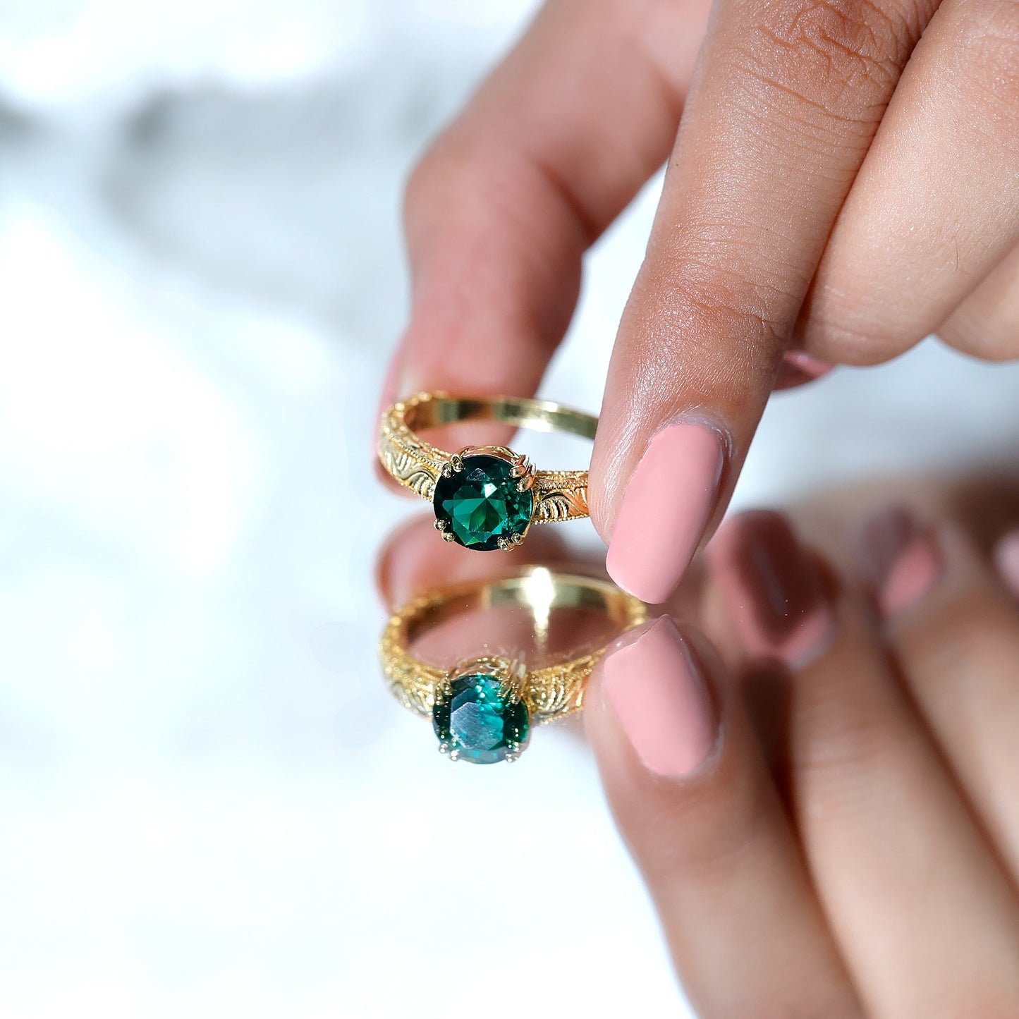Lab Emerald Solitaire Vintage Engagement Ring