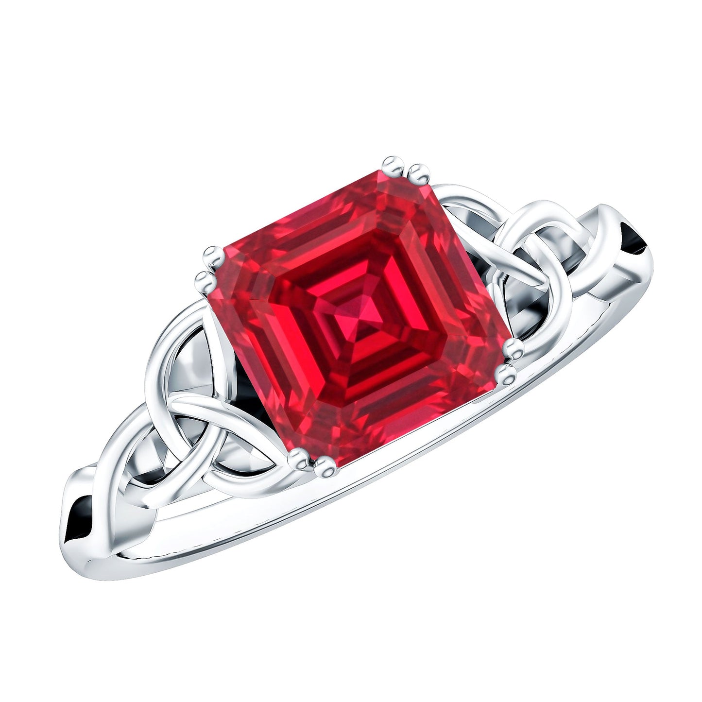 Certified 4.8 Carat Lab Grown Ruby Asscher Cut Engagement Ring with Celtic Knot