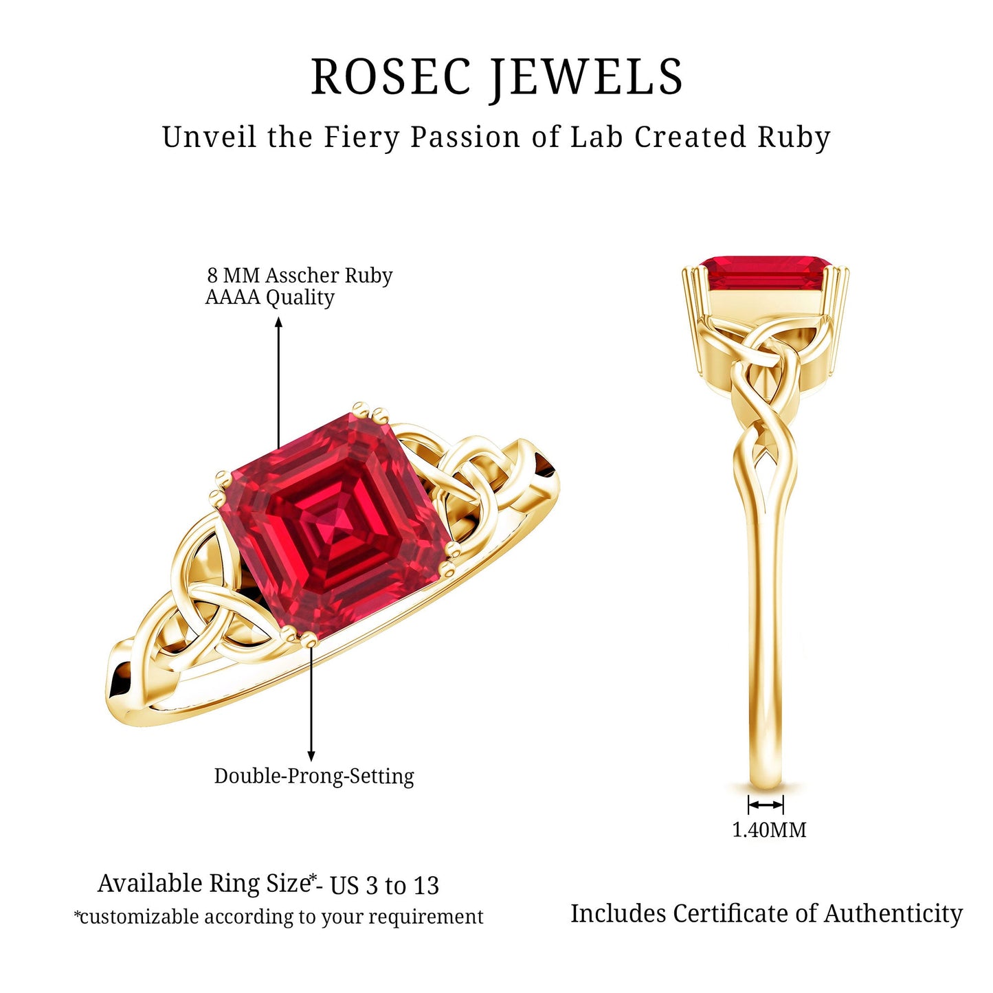 Certified 4.8 Carat Lab Grown Ruby Asscher Cut Engagement Ring with Celtic Knot