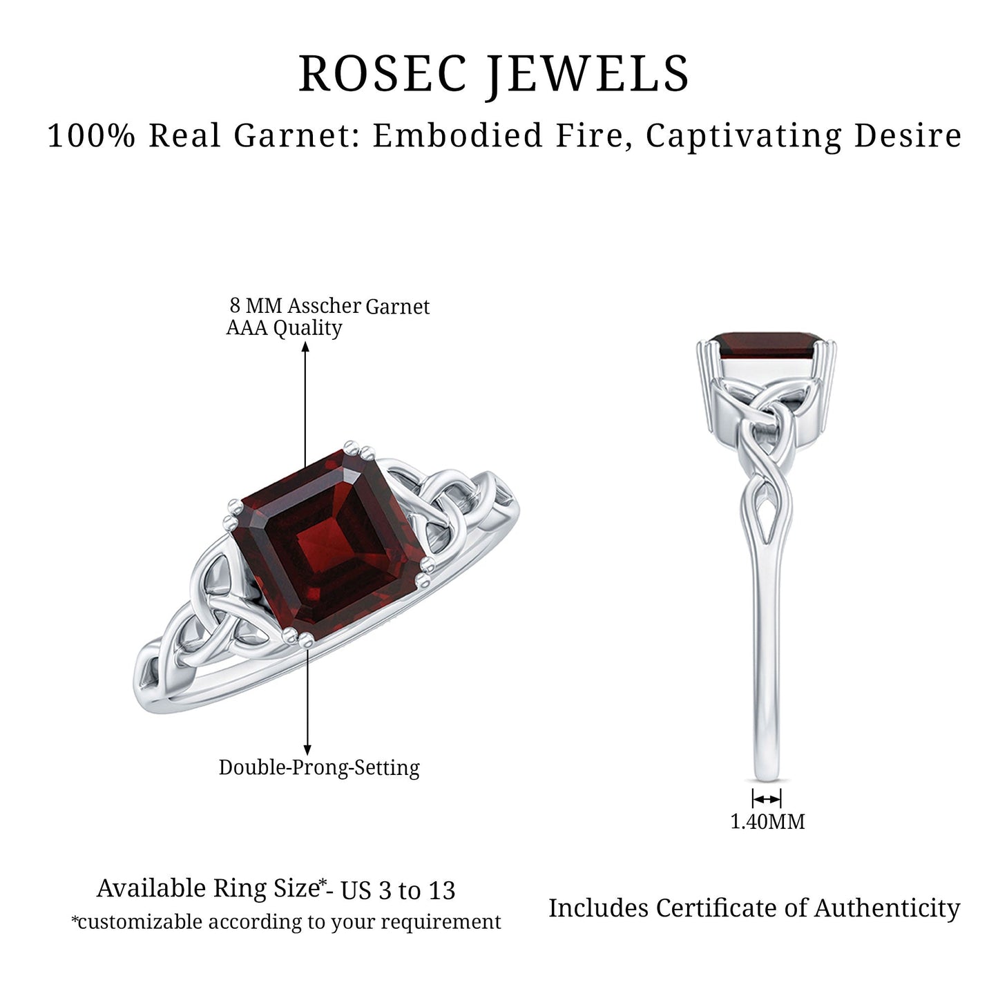 Natural Asscher Cut Garnet Knot Engagement Ring