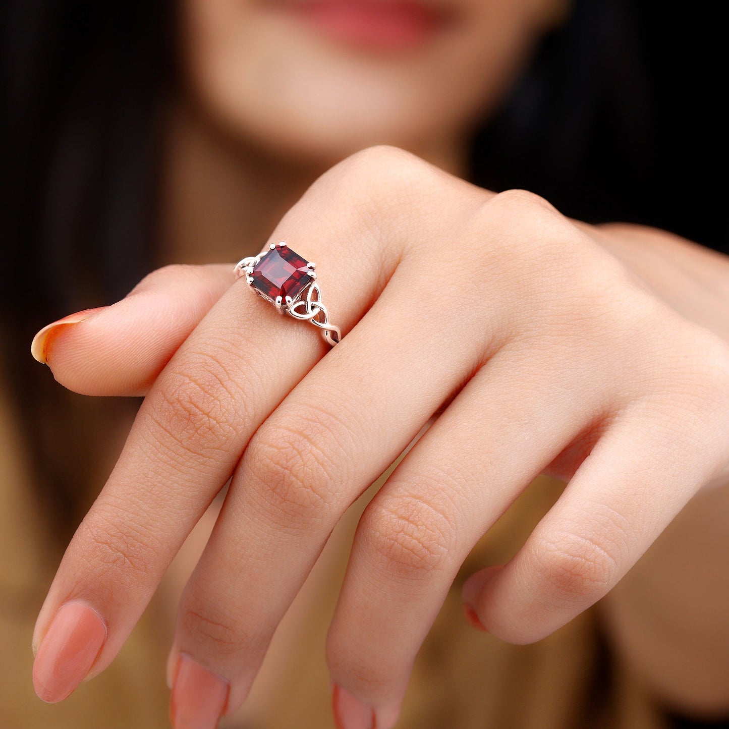 Natural Asscher Cut Garnet Knot Engagement Ring