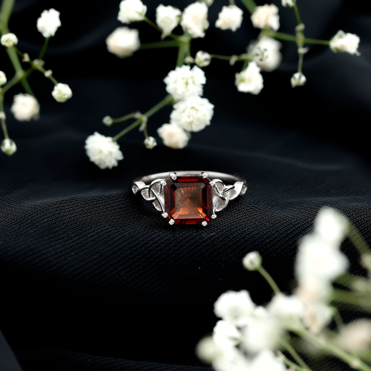 Natural Asscher Cut Garnet Knot Engagement Ring