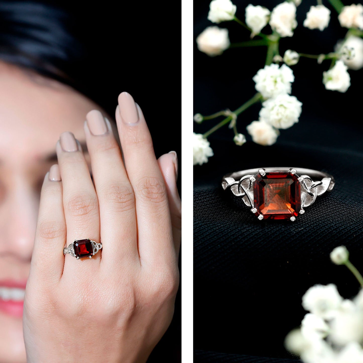 Natural Asscher Cut Garnet Knot Engagement Ring