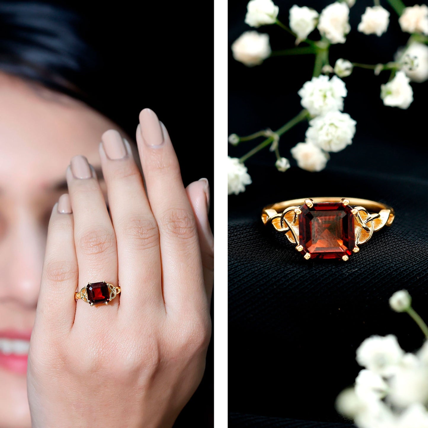 Natural Asscher Cut Garnet Knot Engagement Ring