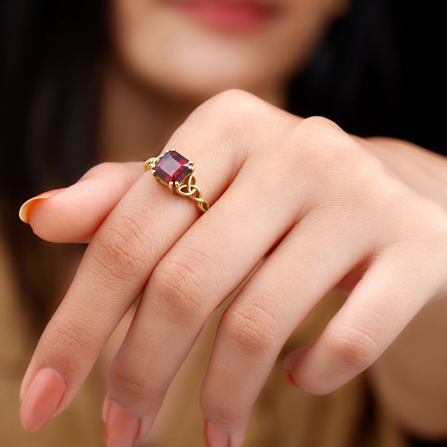 Natural Asscher Cut Garnet Knot Engagement Ring
