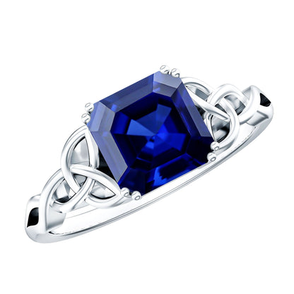 Certified 4.8 Carat Asscher Cut Lab Created Blue Sapphire Celtic Knot Engagement Ring