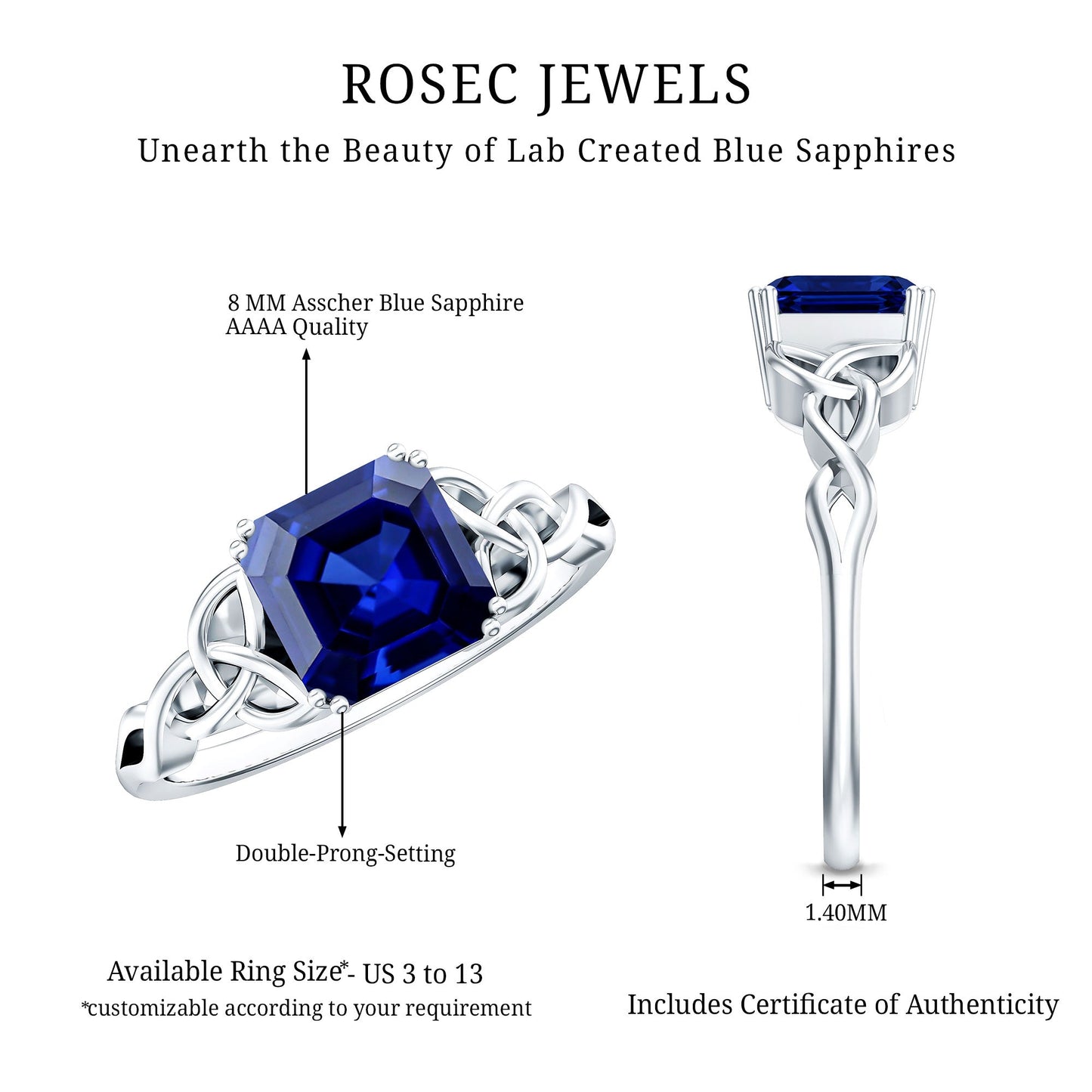 Certified 4.8 Carat Asscher Cut Lab Created Blue Sapphire Celtic Knot Engagement Ring