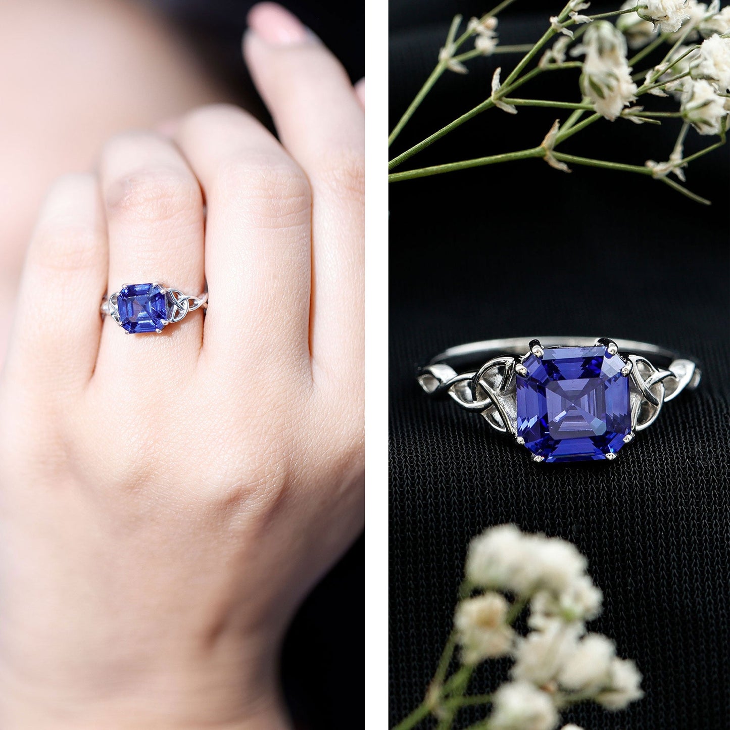 Certified 4.8 Carat Asscher Cut Lab Created Blue Sapphire Celtic Knot Engagement Ring