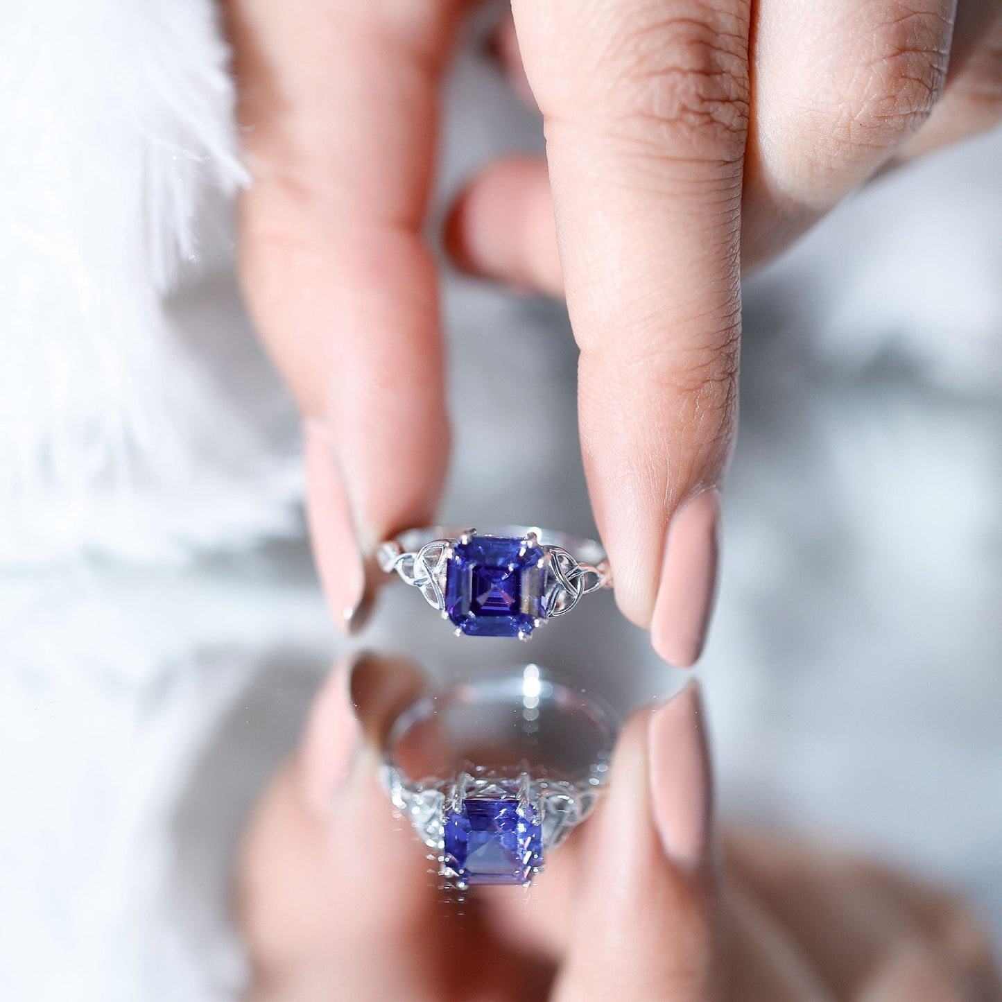 Certified 4.8 Carat Asscher Cut Lab Created Blue Sapphire Celtic Knot Engagement Ring