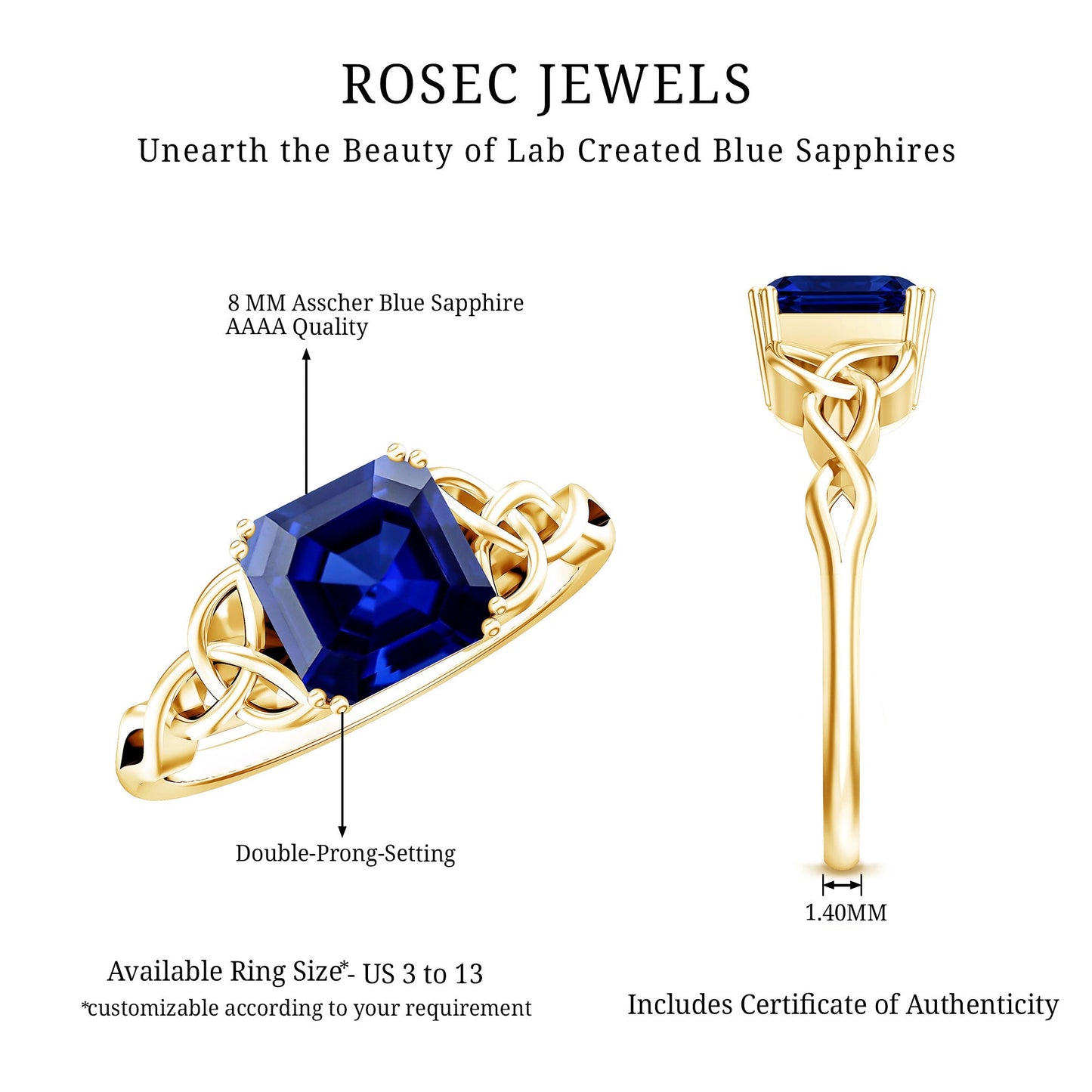 Certified 4.8 Carat Asscher Cut Lab Created Blue Sapphire Celtic Knot Engagement Ring