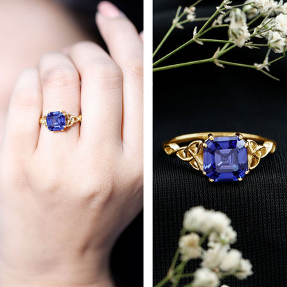 Certified 4.8 Carat Asscher Cut Lab Created Blue Sapphire Celtic Knot Engagement Ring