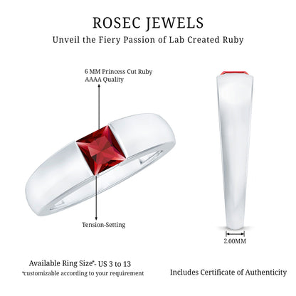 Princess Cut 1.5 Carat Lab Grown Ruby Solitaire Band Ring with Certificate