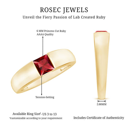 Princess Cut 1.5 Carat Lab Grown Ruby Solitaire Band Ring with Certificate