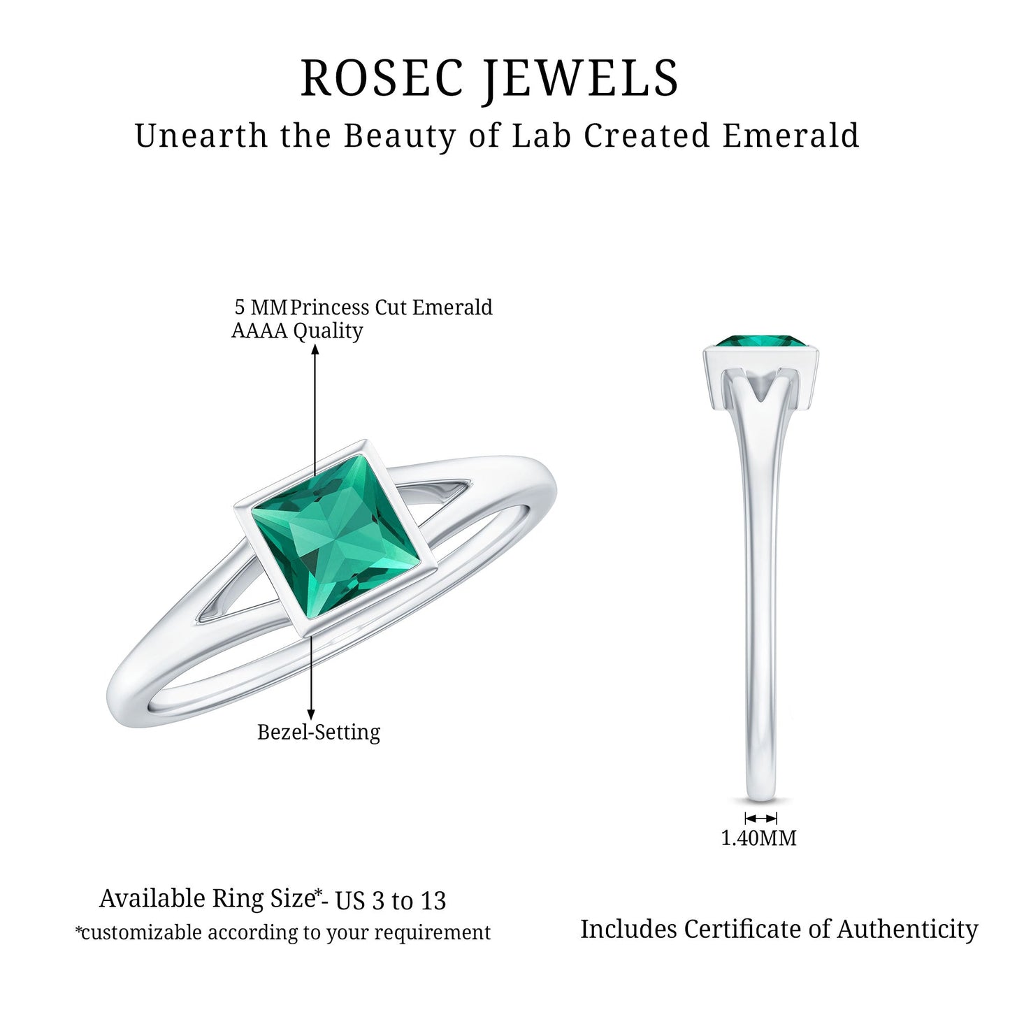 0.5 Carat Princess Cut Lab Grown Emerald Solitaire Ring with Split Shank