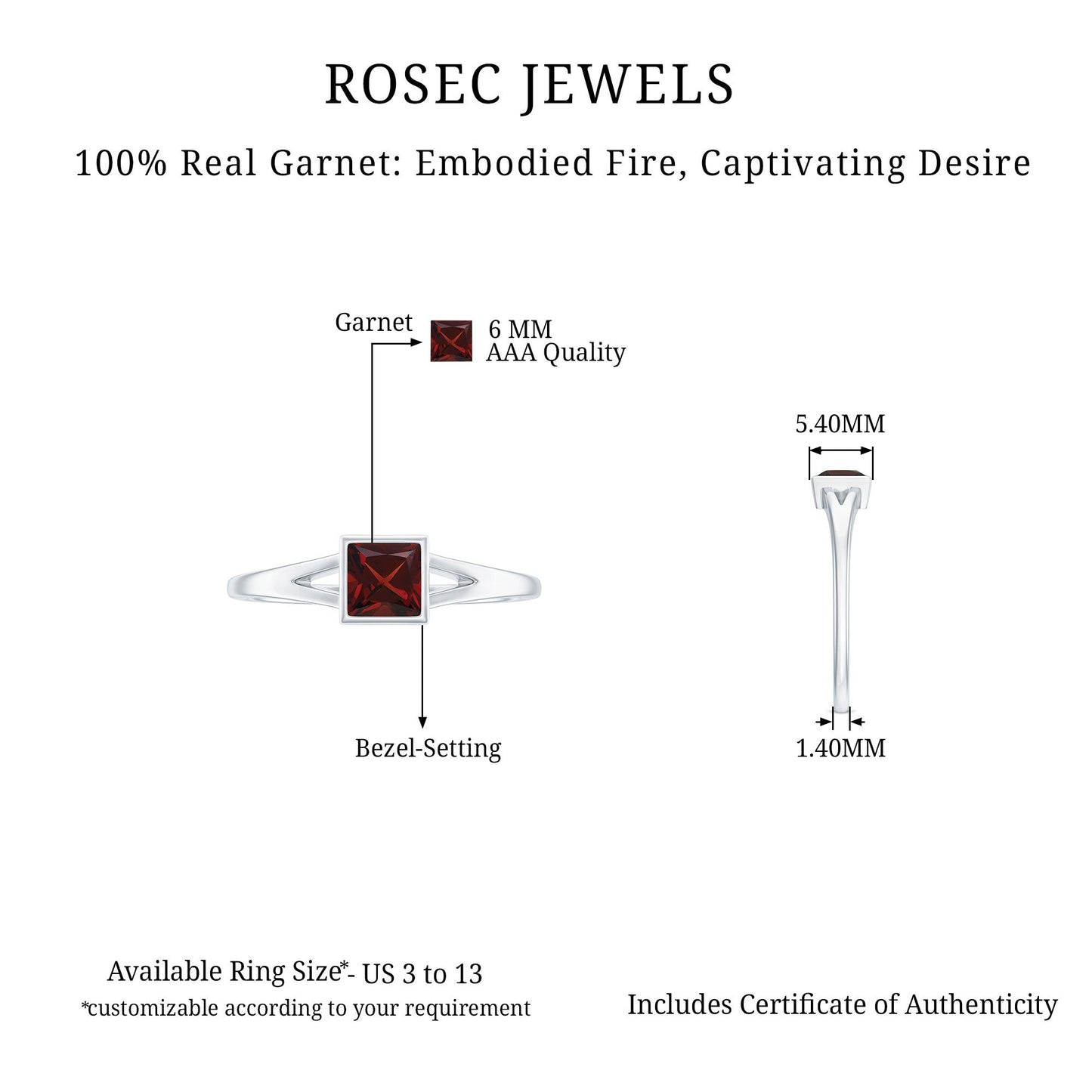 Genuine Garnet Princess Cut Engagement Ring with Split Shank
