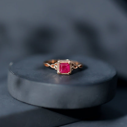 Natural 0.8 Carat Princess Cut Ruby Promise Ring with Celtic Knot