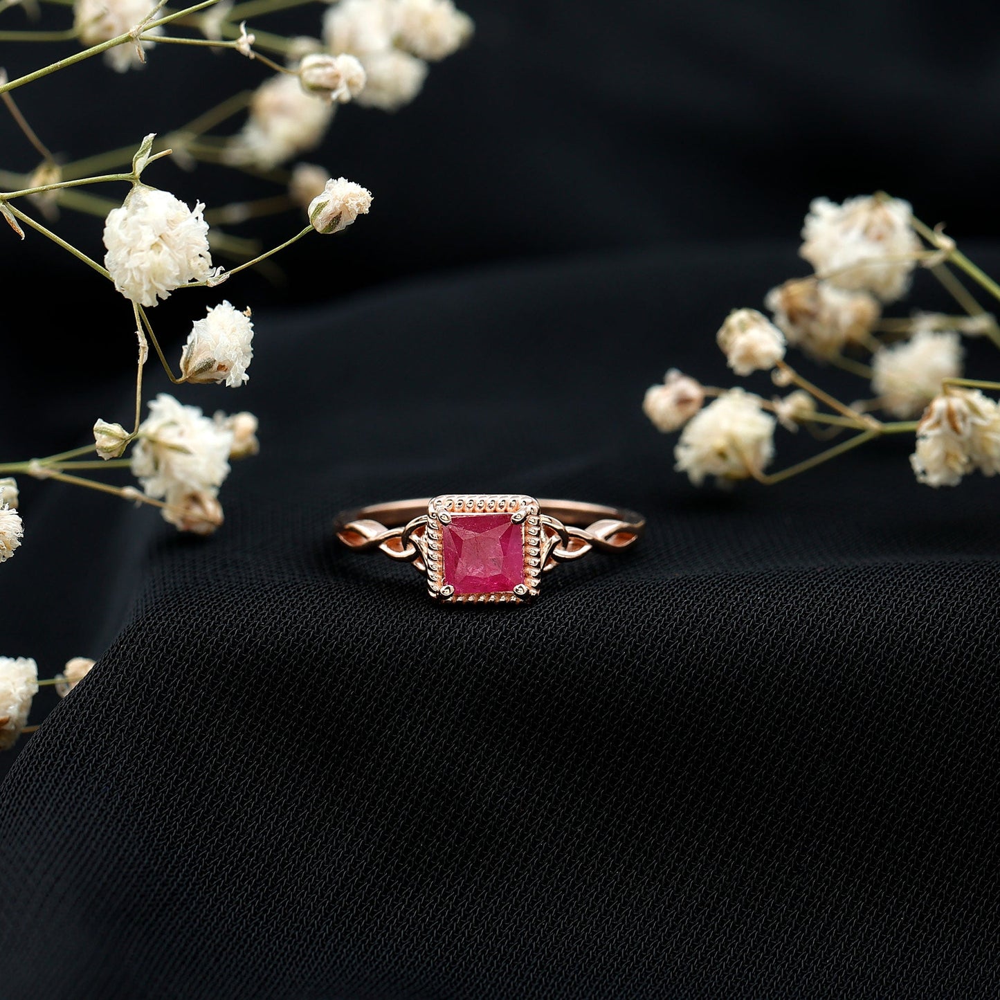 Natural 0.8 Carat Princess Cut Ruby Promise Ring with Celtic Knot