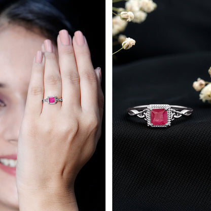 Natural 0.8 Carat Princess Cut Ruby Promise Ring with Celtic Knot