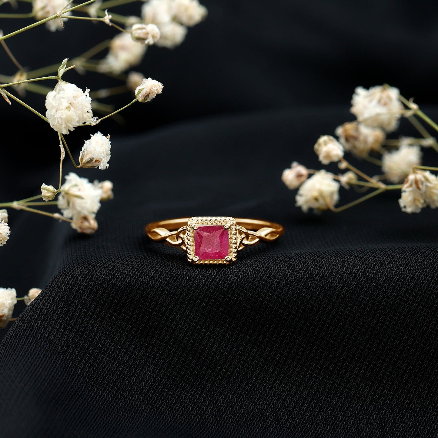 Natural 0.8 Carat Princess Cut Ruby Promise Ring with Celtic Knot