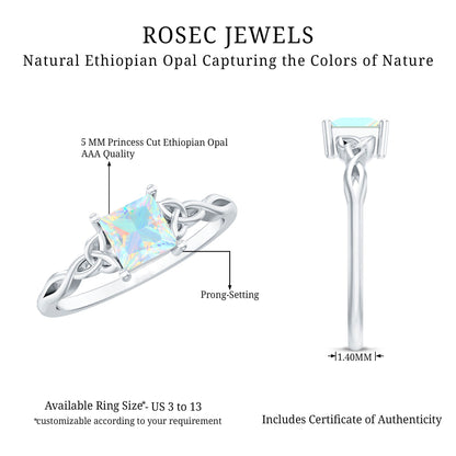 Genuine Princess Cut Ethiopian Opal Promise Ring with Celtic Knot