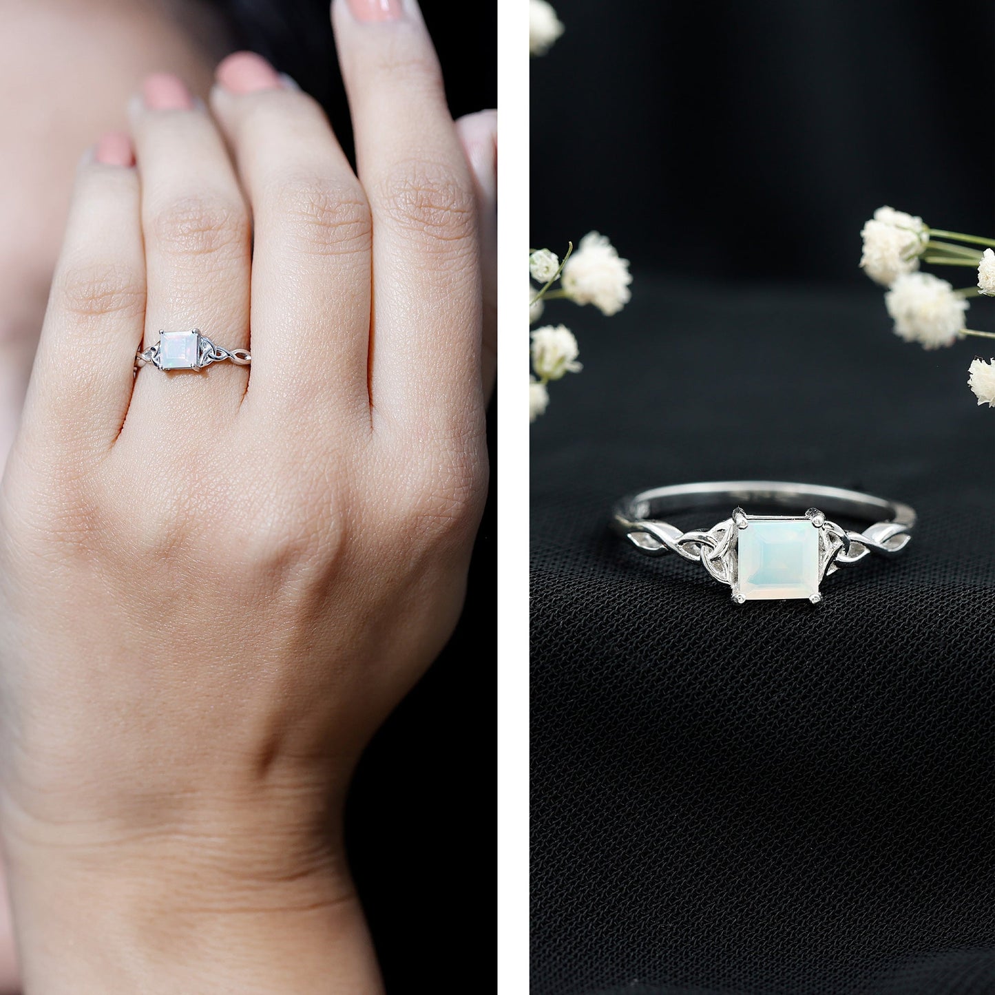 Genuine Princess Cut Ethiopian Opal Promise Ring with Celtic Knot
