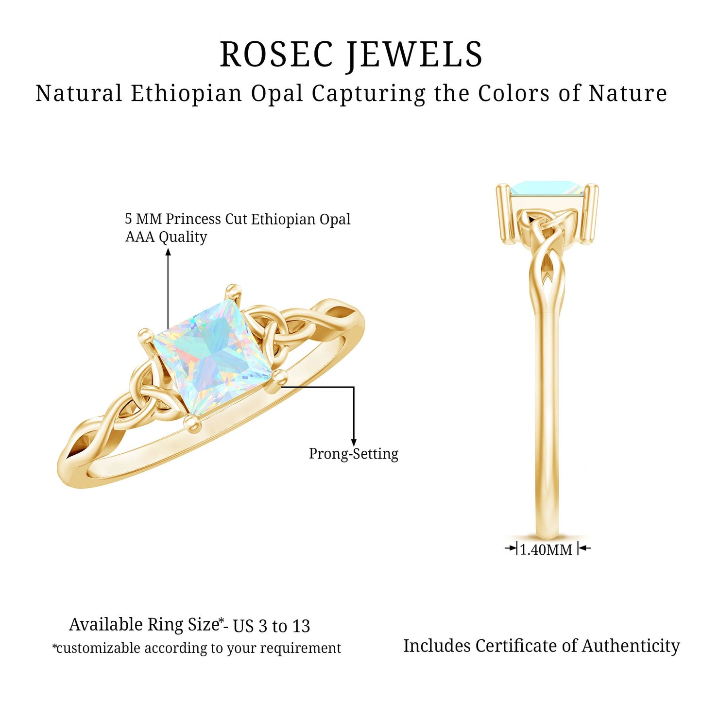 Genuine Princess Cut Ethiopian Opal Promise Ring with Celtic Knot