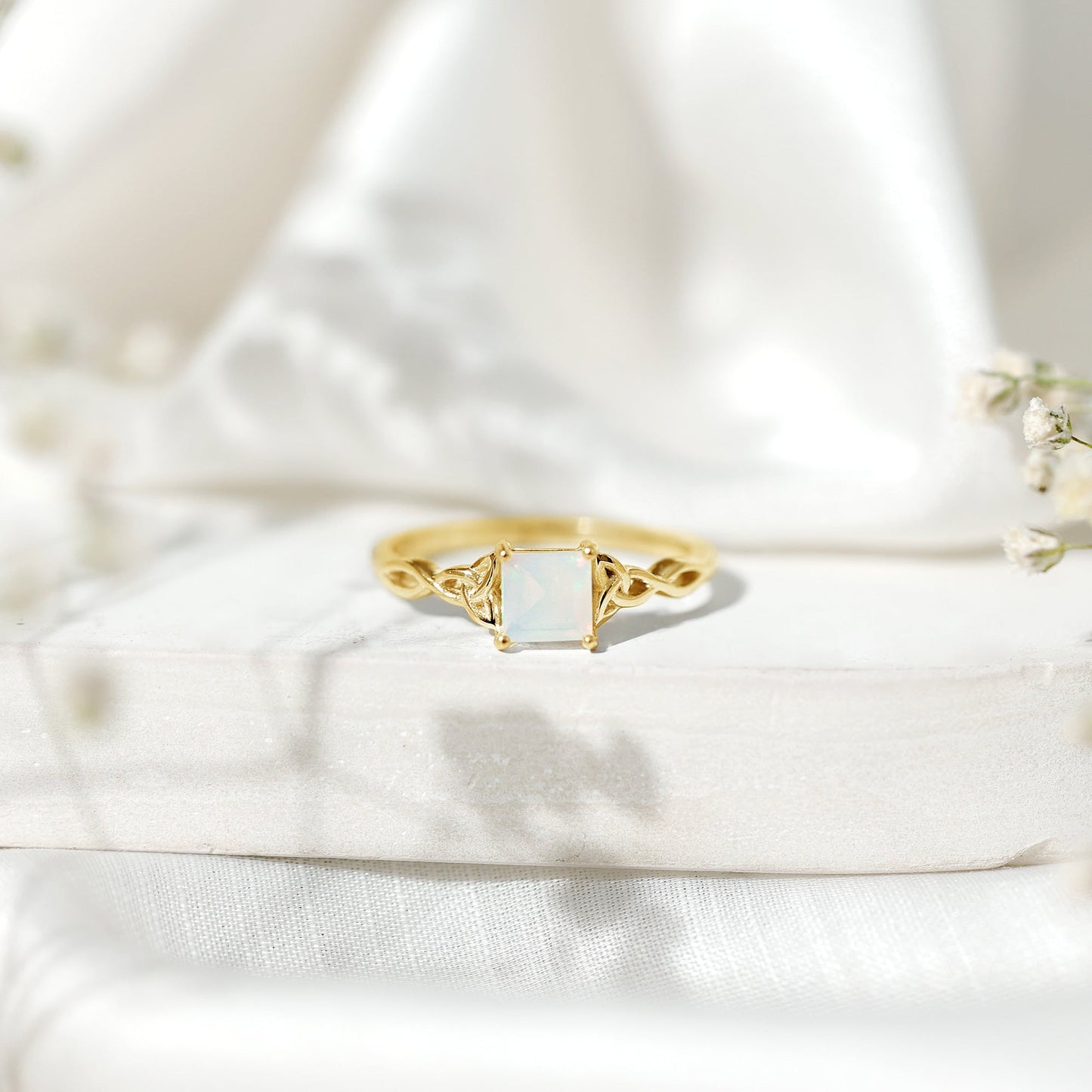 Genuine Princess Cut Ethiopian Opal Promise Ring with Celtic Knot