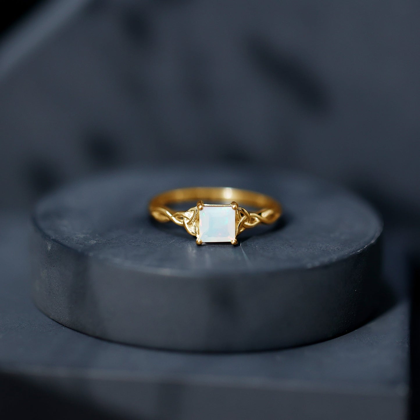 Genuine Princess Cut Ethiopian Opal Promise Ring with Celtic Knot