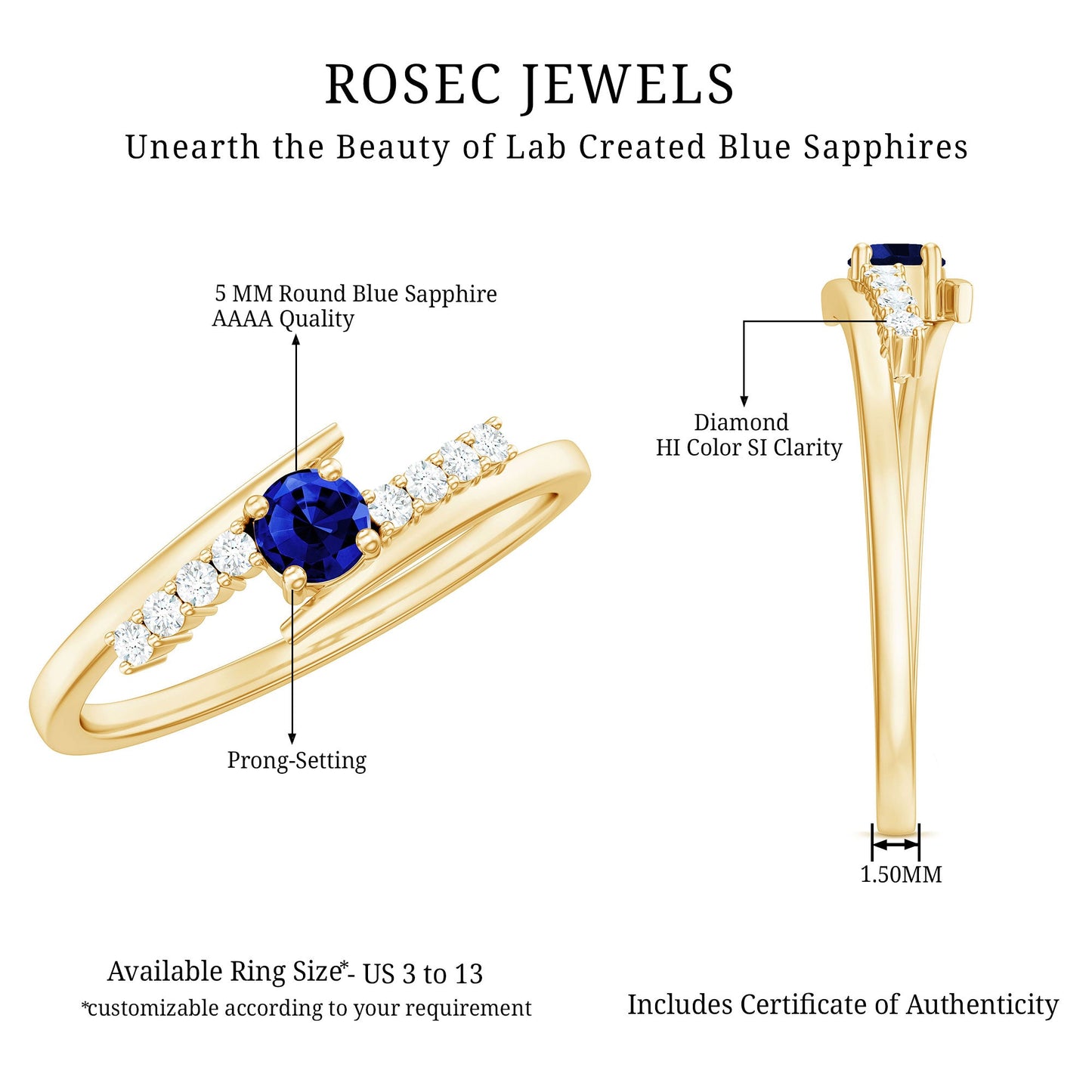 Certified 0.6 Ct Lab Grown Blue Sapphire Promise Ring with Diamond