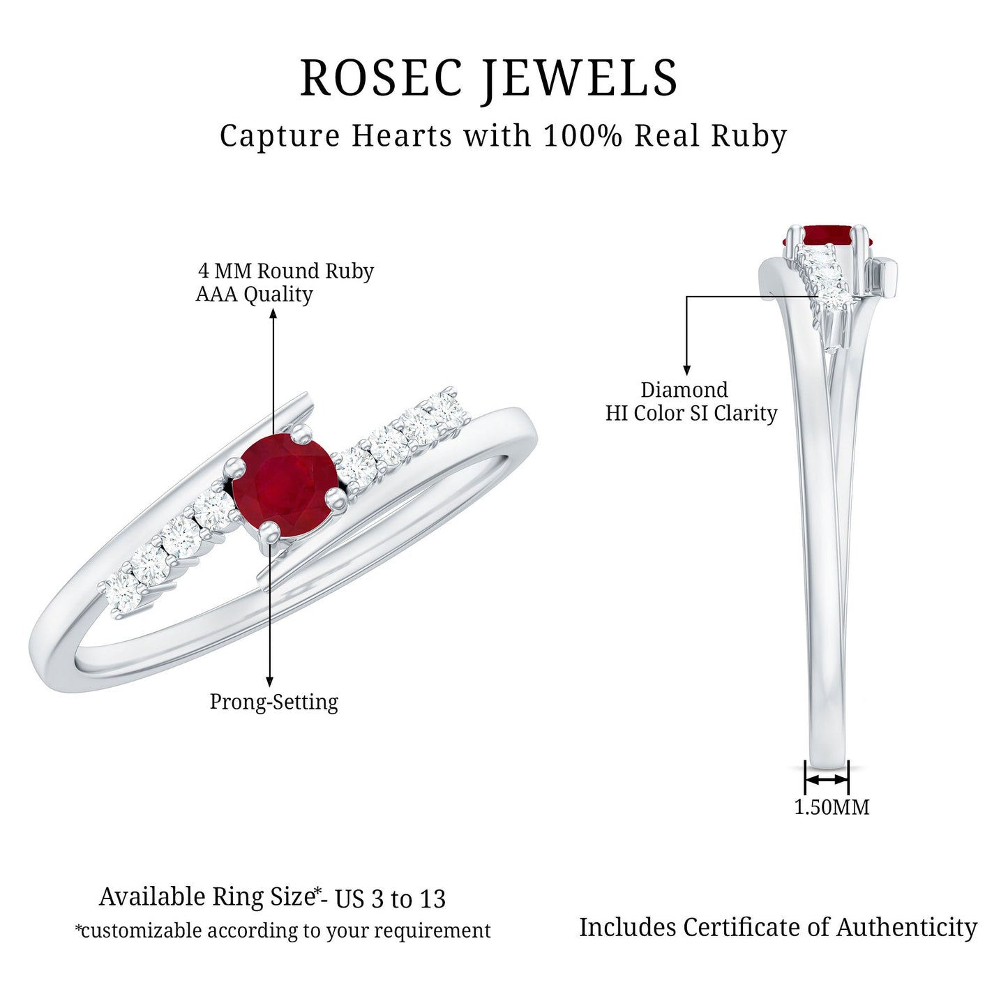 Natural Ruby Promise Ring with Diamond Bypass Shank