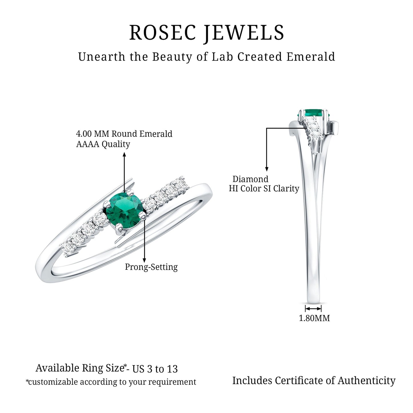 Certified Lab Grown Emerald Diamond Simple Promise Ring with Bypass Shank