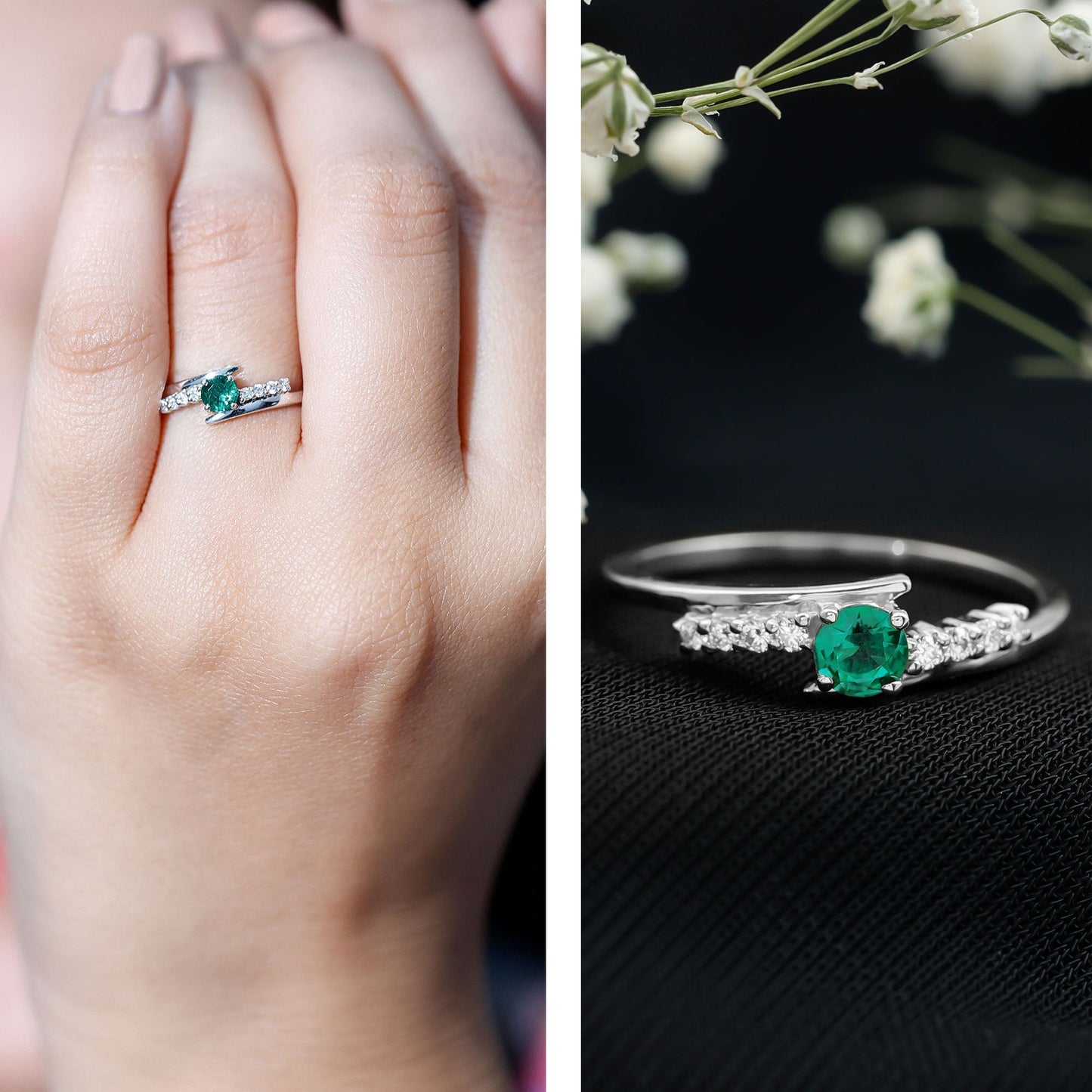 Certified Lab Grown Emerald Diamond Simple Promise Ring with Bypass Shank