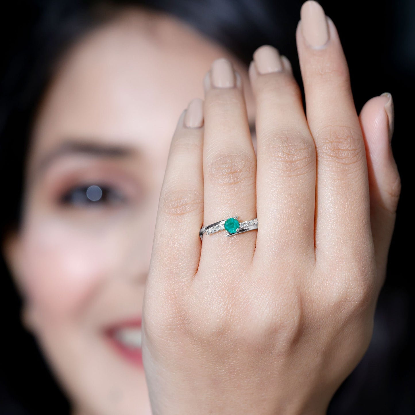 Real Emerald and Diamond Promise Ring with Bypass Shank