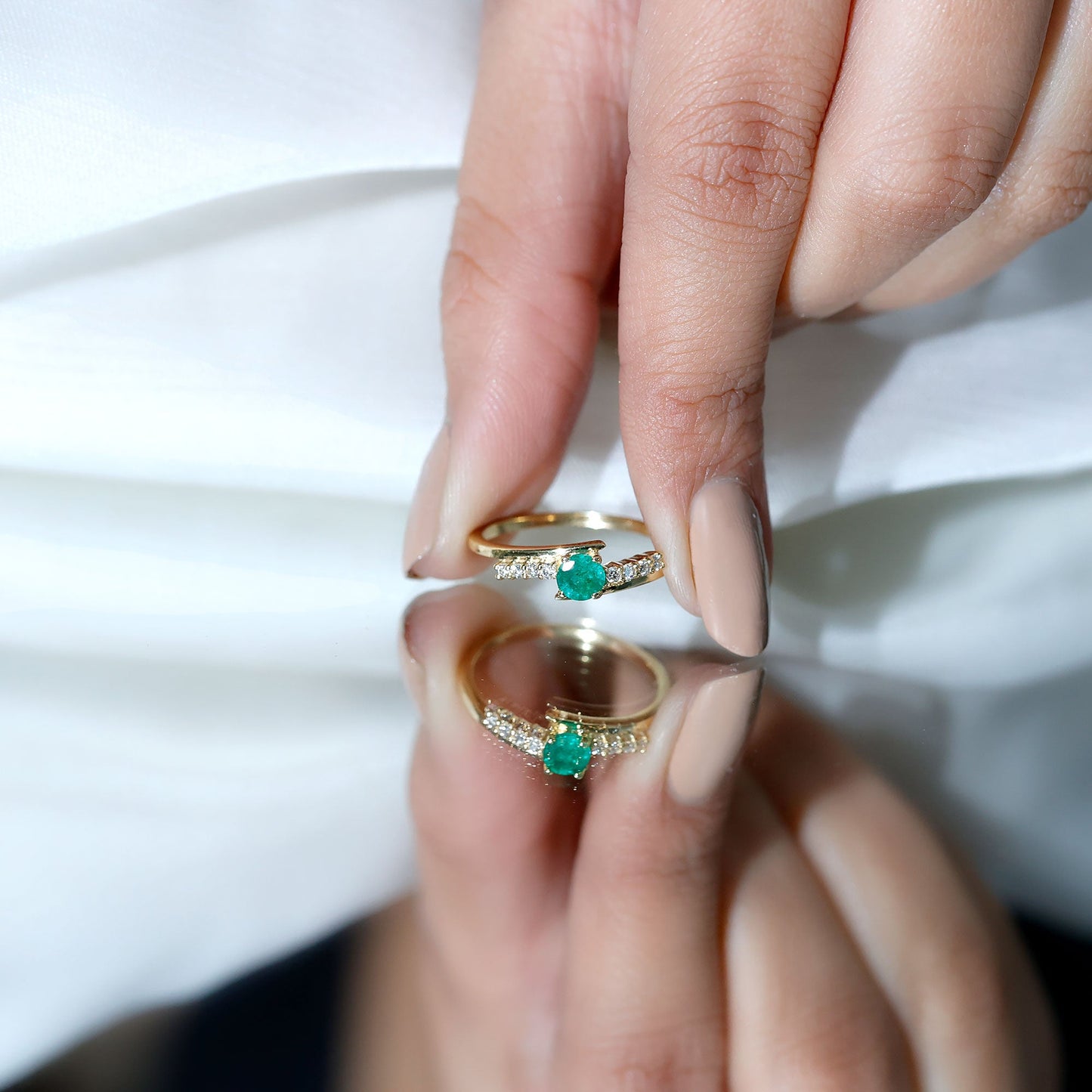 Real Emerald and Diamond Promise Ring with Bypass Shank