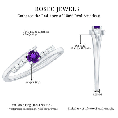 Real Amethyst and Diamond Bypass Promise Ring with Certificate