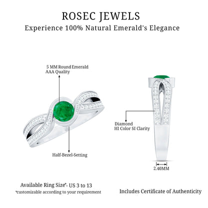 Round Cut Genuine Emerald and Diamond Designer Engagement Ring