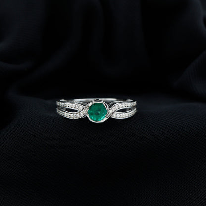 Round Cut Genuine Emerald and Diamond Designer Engagement Ring