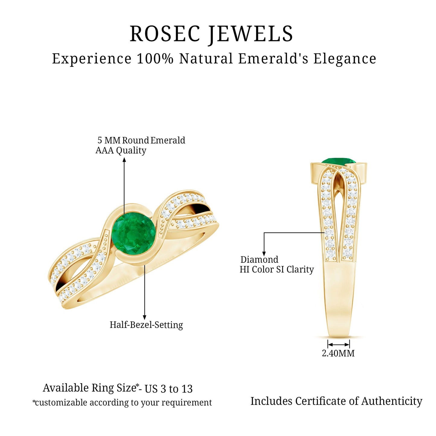 Round Cut Genuine Emerald and Diamond Designer Engagement Ring