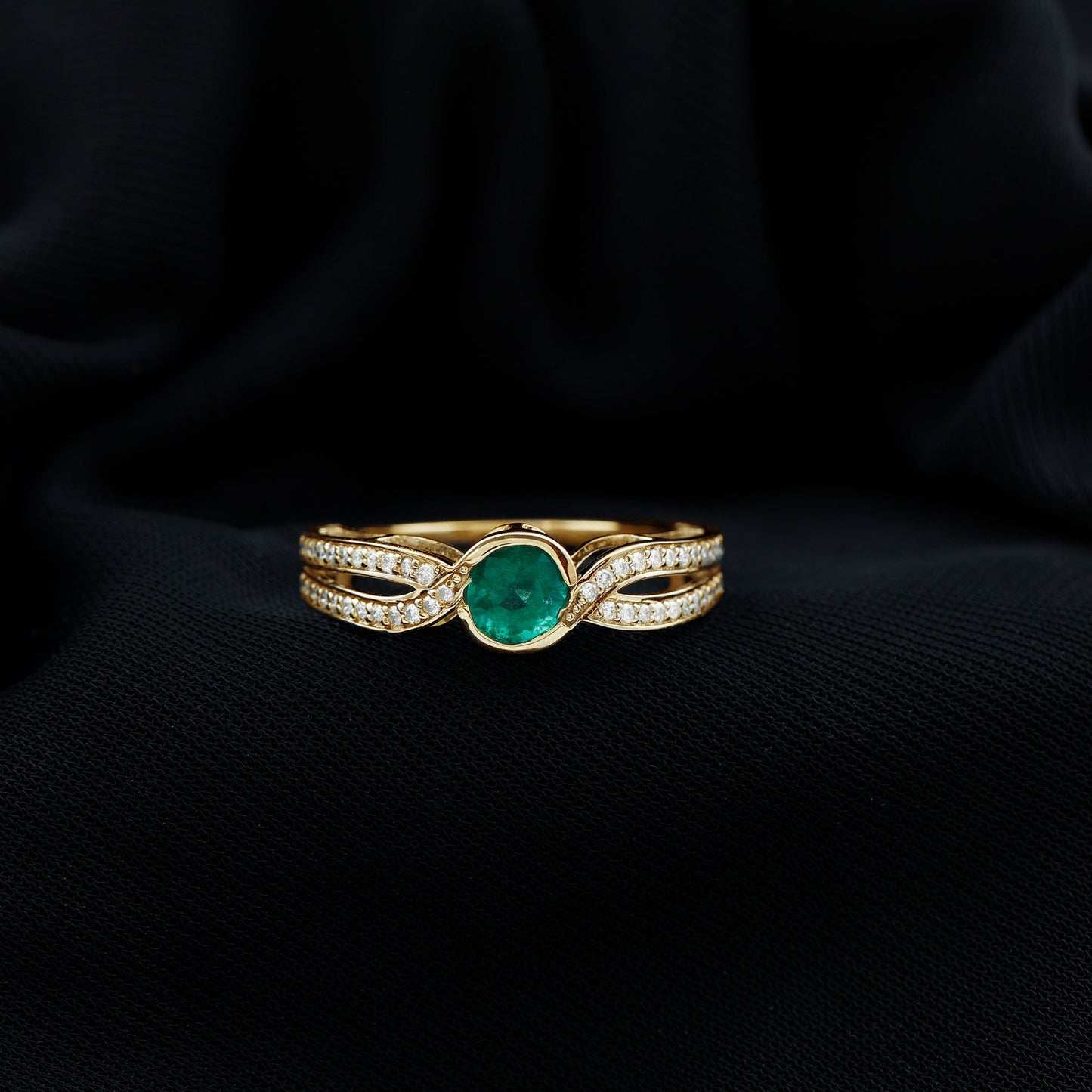 Round Cut Genuine Emerald and Diamond Designer Engagement Ring