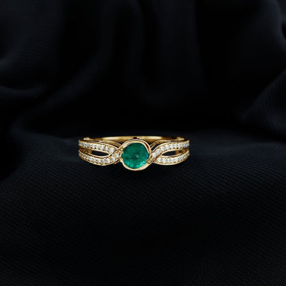 Round Cut Genuine Emerald and Diamond Designer Engagement Ring