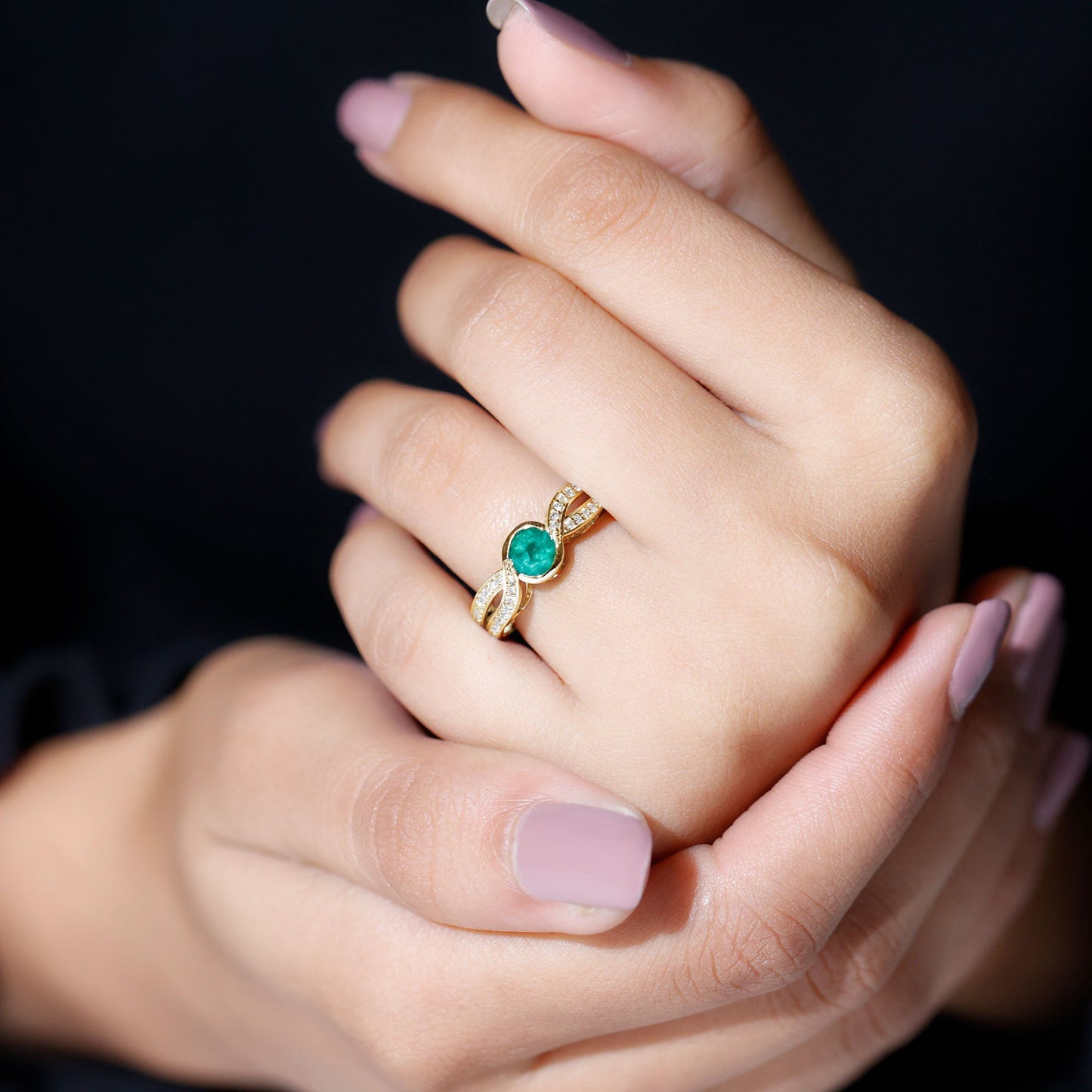 Round Cut Genuine Emerald and Diamond Designer Engagement Ring