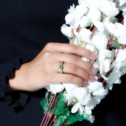 Round Cut Genuine Emerald and Diamond Designer Engagement Ring