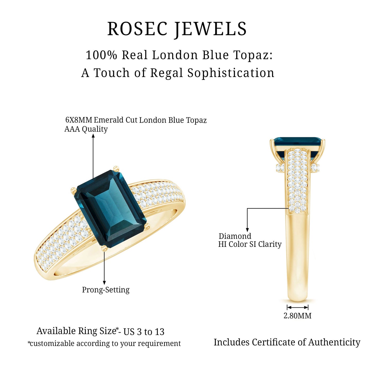 2.2 Carat Emerald Cut London Blue Topaz Side Stone Engagement Ring with Diamond